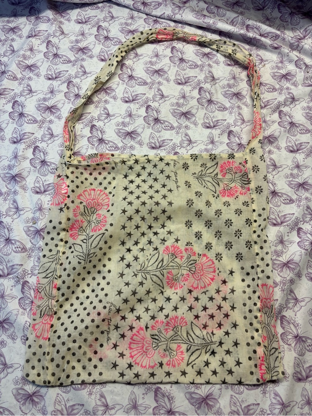 🌀Free People Beige and Pink Floral Canvas Tote